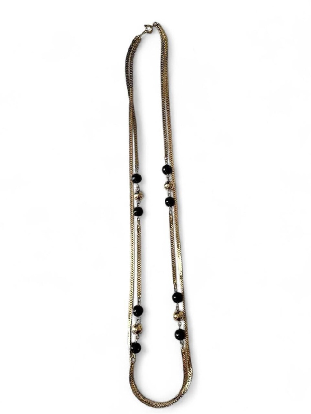 Gold Tone Long Necklace Black Beaded Chain Layered Minimalist Vintage Style